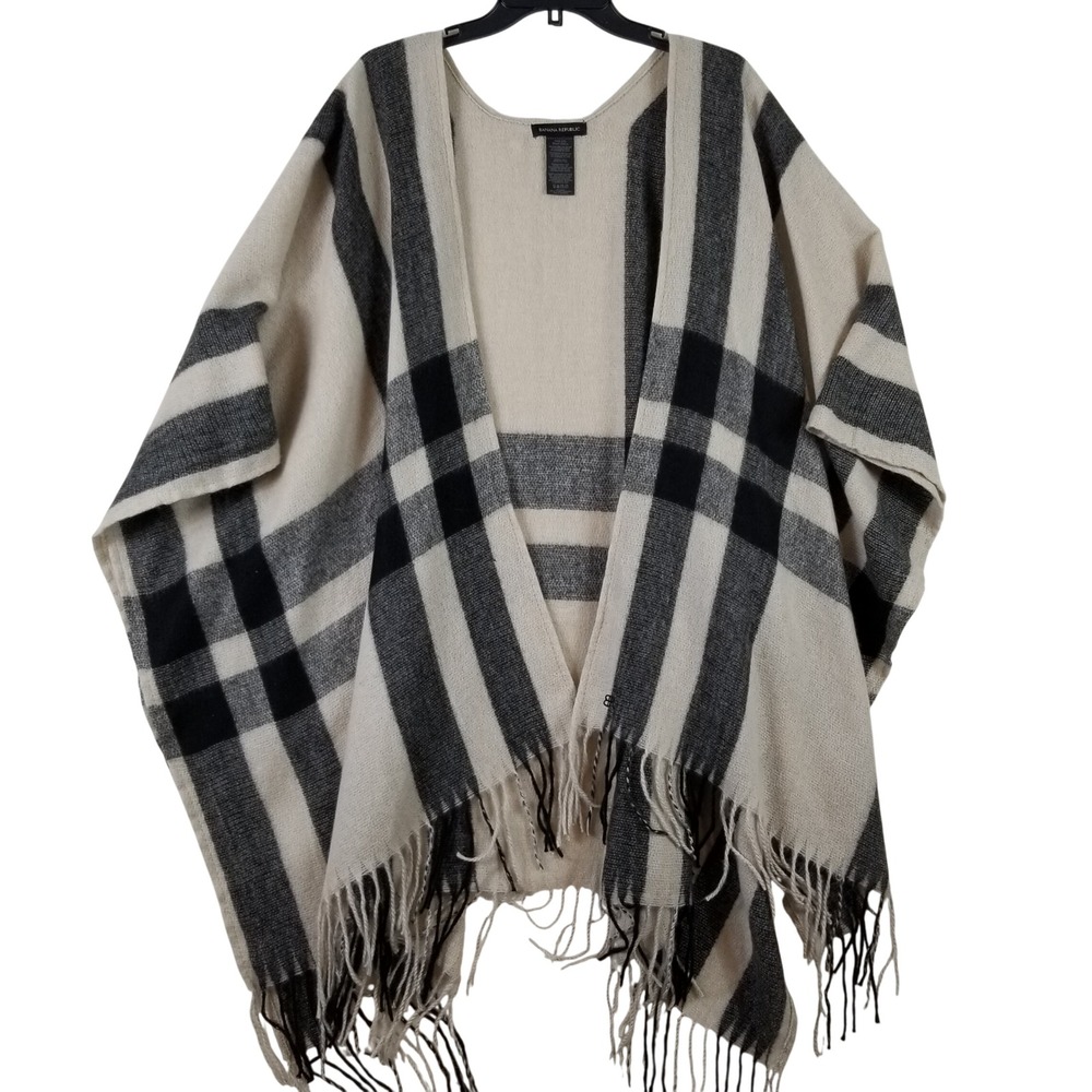 Banana Republic Plaid Poncho Wrap Cashmere Wool Blend Fringe Cream Grey One Size